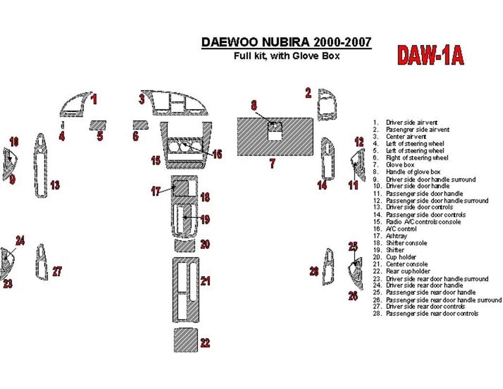 Daewoo Nubira 2000-2007 Volledige set, met glowe-box Interieur BD Dash Trim Kit - 1