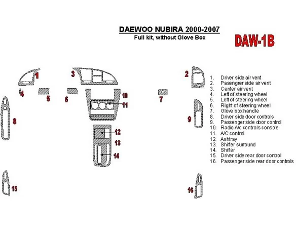 Daewoo Nubira 2000-2007 Full Set, Without glowe-box Interior BD Dash Trim Kit