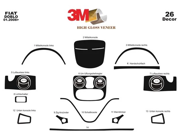 Fiat Doblo 01.01-08.09 Kit de garniture de tableau de bord intérieur 3D Dash Trim Dekor 26-Parts