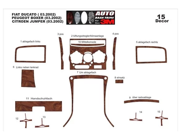 Fiat Ducato 03.02-01.06 Kit de garniture de tableau de bord intérieur 3D Dash Trim Dekor 15-Parts