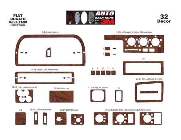 Fiat Ducato 03.94-02.02 Kit de garniture de tableau de bord intérieur 3D Dash Trim Dekor 32-Parts