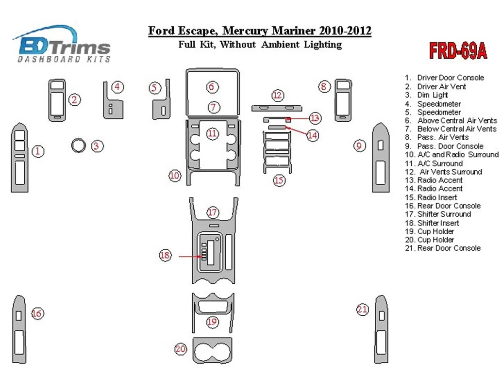 Ford Escape 2010-2012 Volledige set Zonder verlichting Sfeerverlichting Interieur BD Dash Trim Kit - 1