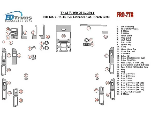 Ford F-150 2013-UP Ensemble complet, kit de garniture de tableau de bord intérieur BD pour banc de conducteur - 1