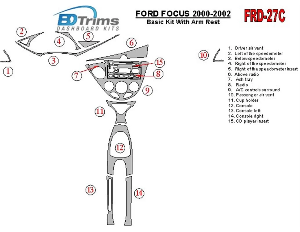 Ford Focus 2000-2002 Basic Set, With Arm Rest, 2&4 Doors, 14 Parts set Interior BD Dash Trim Kit - 1