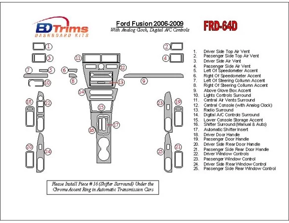 Ford Fusion 2006-2009 Met Analoge Klok, Automatische A/C Bediening Interieur BD Dash Trim Kit - 1