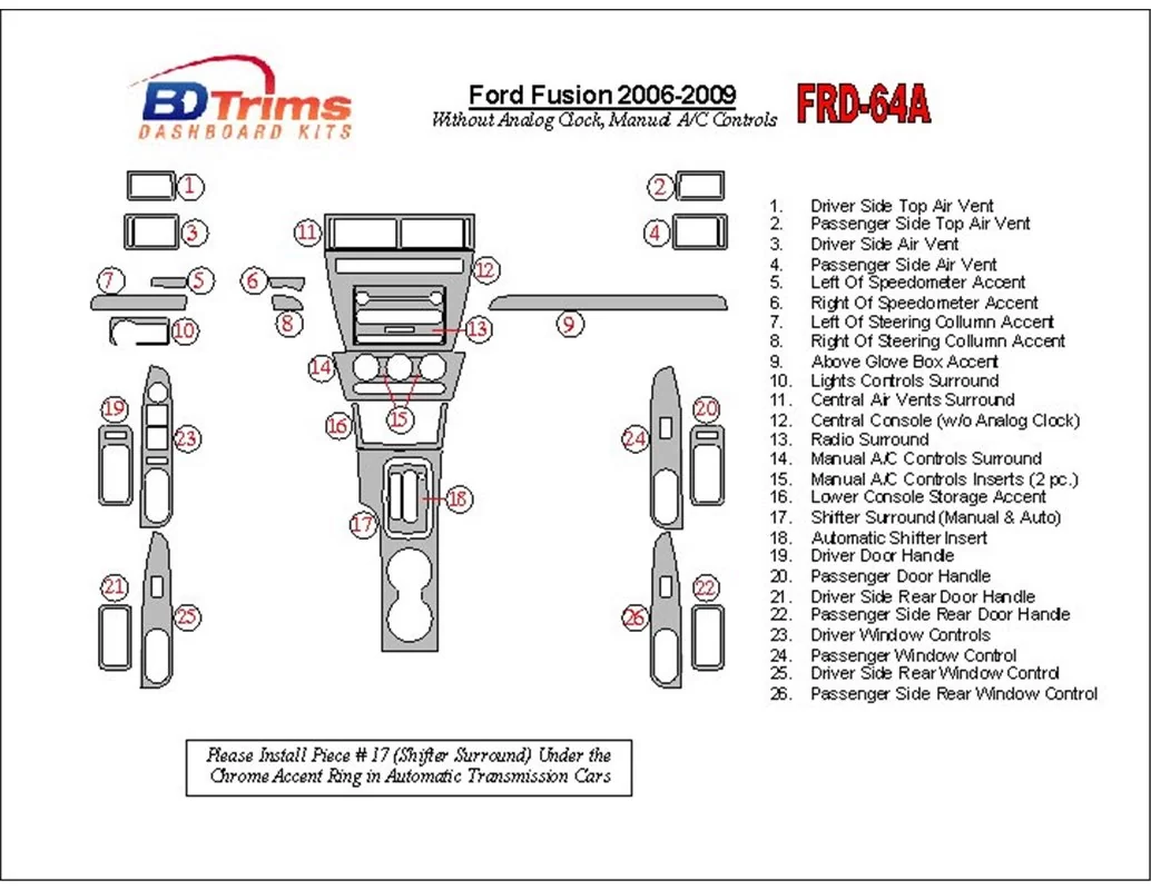 Ford Fusion 2006-2009 met automatische klok, handgeschakelde versnellingsbak A/C bediening interieur BD dashboard trimset - 1