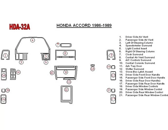Honda Accord 1986-1989 Kit complet de garnitures de tableau de bord intérieur BD