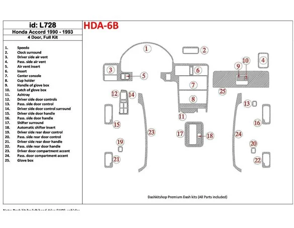 Honda Accord 1990-1993 4 Doors, Full Set, 25 Parts set Interior BD Dash Trim Kit