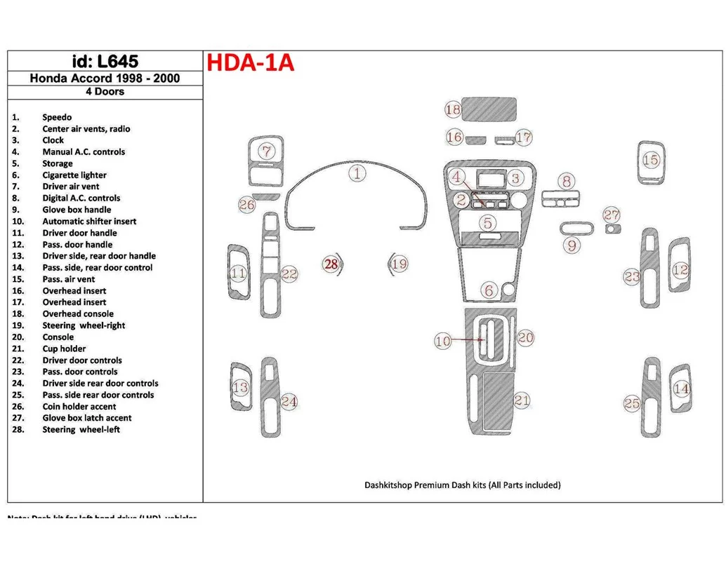 Honda Accord 1998-2000 4 portes, ensemble complet, ensemble de 28 pièces Kit de garniture de tableau de bord intérieur BD - 1