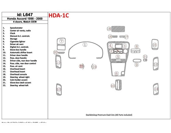 Honda Accord 1998-2000 4 Doors, OEM Compliance, 22 Parts set Interior BD Dash Trim Kit