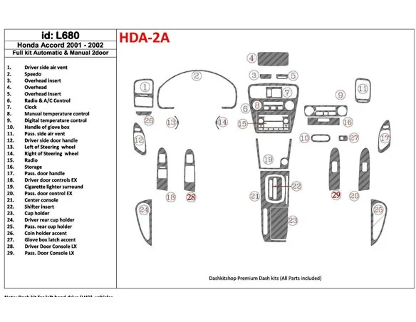 Honda Accord 2001-2002 2 portes, ensemble complet, ensemble de 27 pièces Kit de garniture de tableau de bord intérieur BD - 1