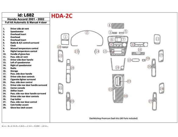 Honda Accord 2001-2002 4 portes, ensemble complet, ensemble de 29 pièces Kit de garniture de tableau de bord intérieur BD