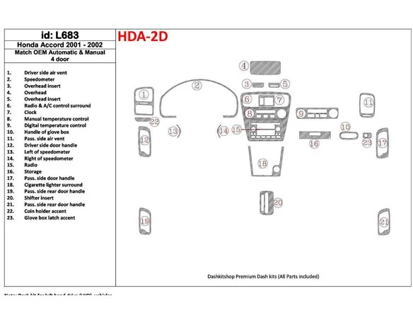 Honda Accord 2001-2002 4 portes, conformité OEM, kit de garniture de tableau de bord intérieur BD 23 pièces - 1