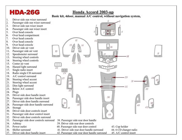 Car accessories Honda Accord 2003-2007 Basic Set, Manual Gearbox A/C Control, Without NAVI system, 4 Doors Interior BD Dash Trim