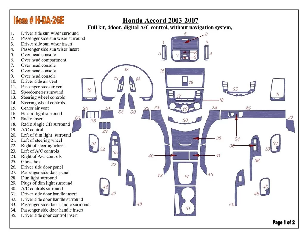 Ensemble complet Honda Accord 2003-2007, contrôle automatique de la climatisation, sans système NAVI, kit de garniture de tablea