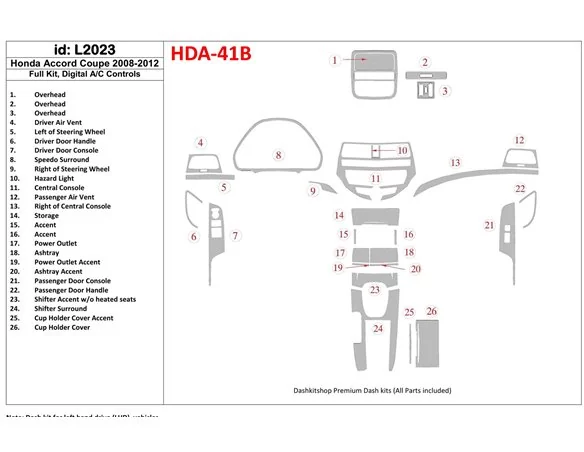 Honda Accord 2008-2012 Full Set, 2 Doors (Coupe), Automatic AC Control Interior BD Dash Trim Kit