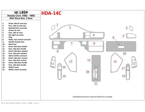 Honda Civic 1992-1995 4 Doors, With glowe-box Interior BD Dash Trim Kit