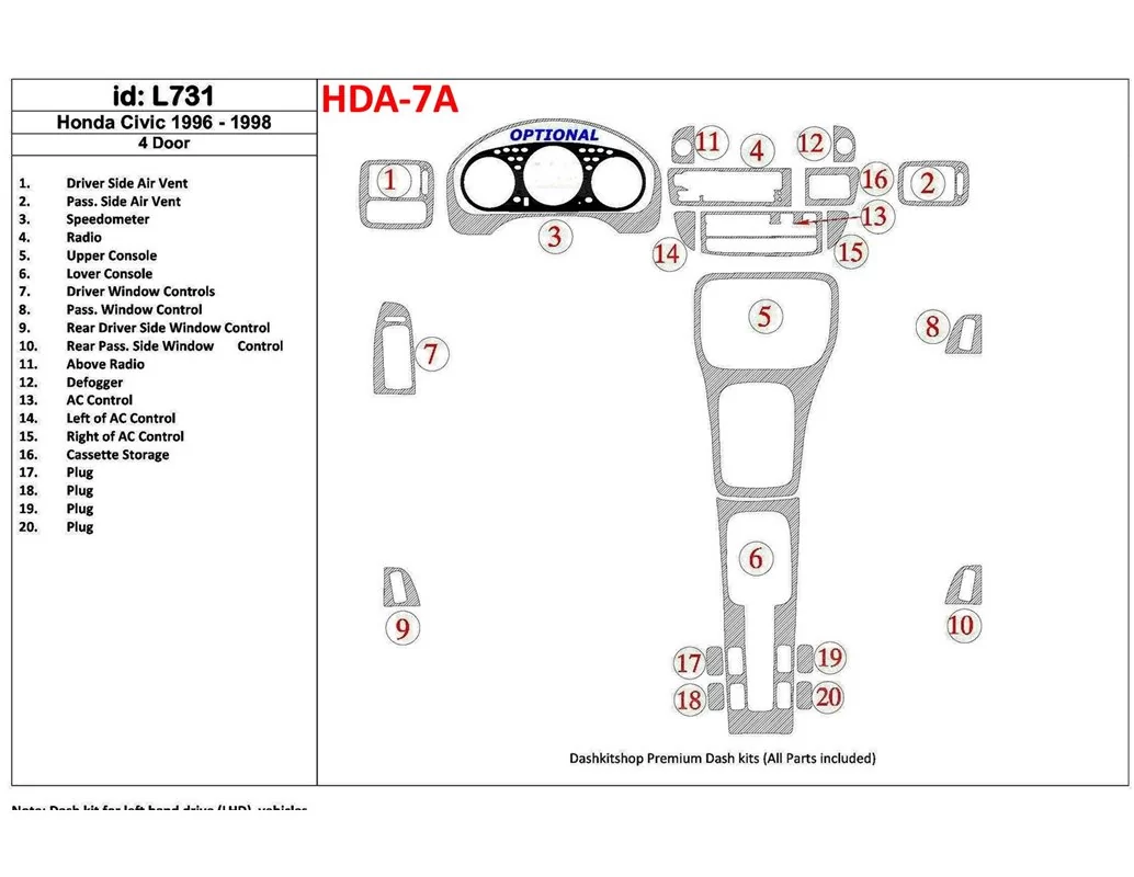 Car accessories Honda Civic 1996-1998 4 Doors, Full Set, 20 Parts set Interior BD Dash Trim Kit
