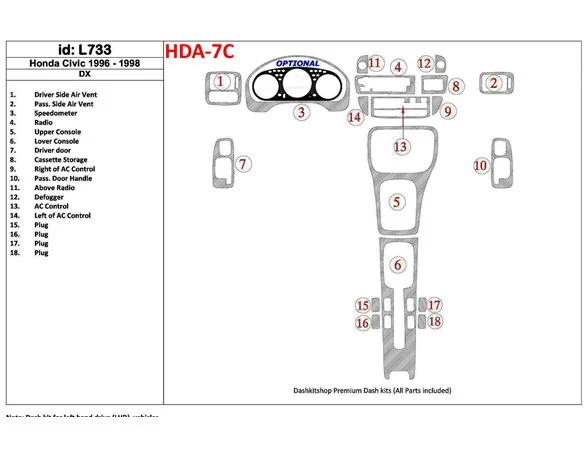 Honda Civic 1996-1998 DX, 18 Parts set Interior BD Dash Trim Kit