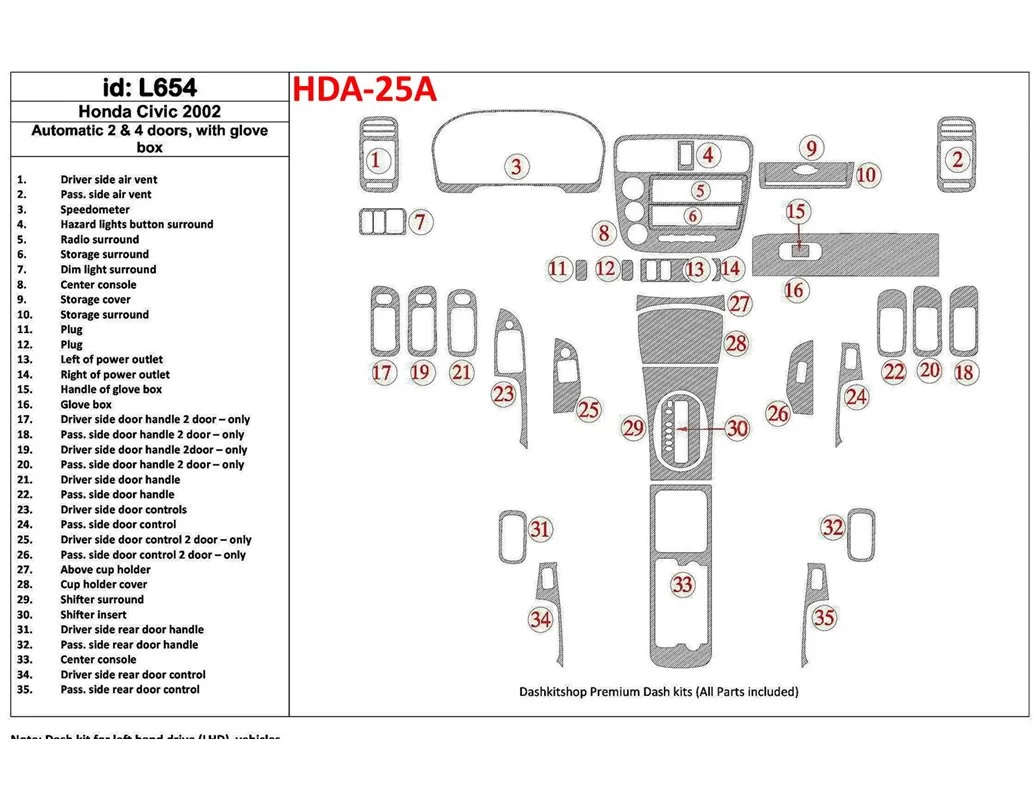 Honda Civic 2002-2002 Boîte de vitesses automatique, 2 ou 4 portes, avec boîte à étincelles, ensemble de 35 pièces Kit de garnit