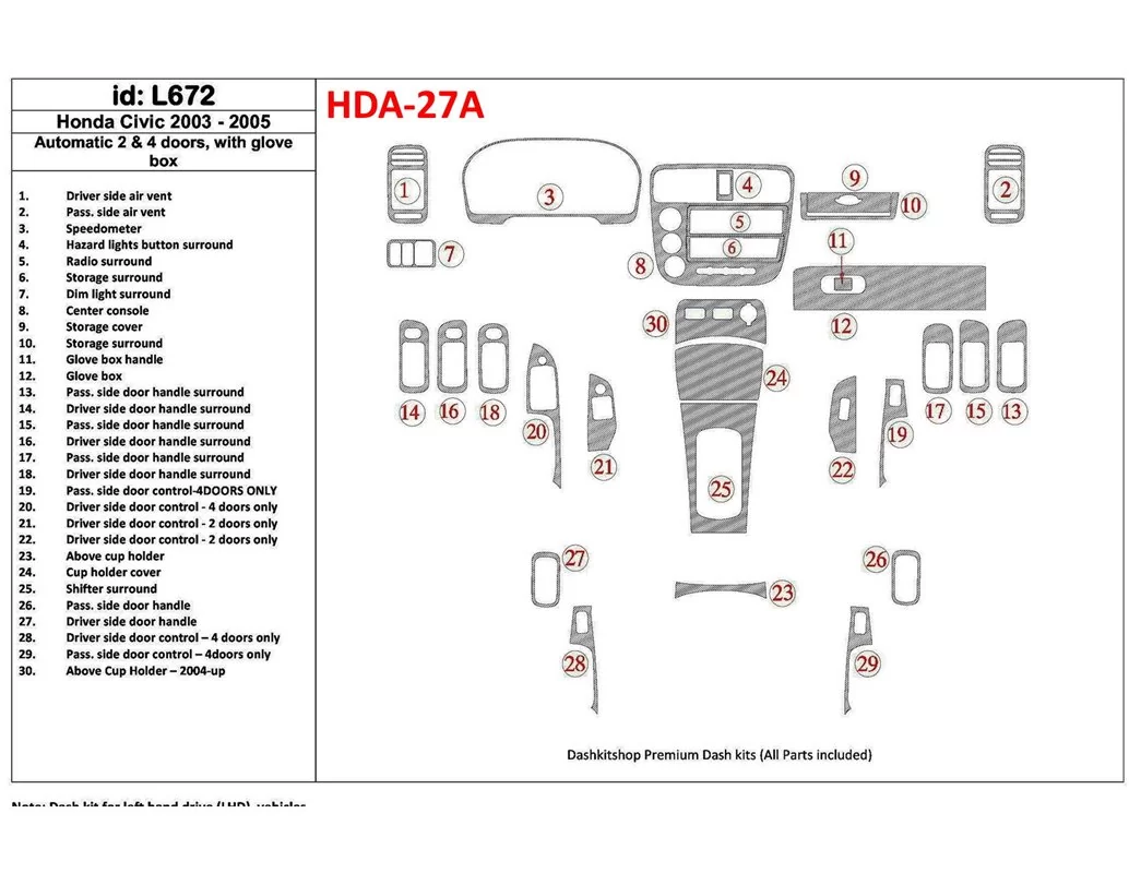 Honda Civic 2003-2005 Automatic Gear, 2 or 4 Doors, with glowe-box Interior BD Dash Trim Kit - 1