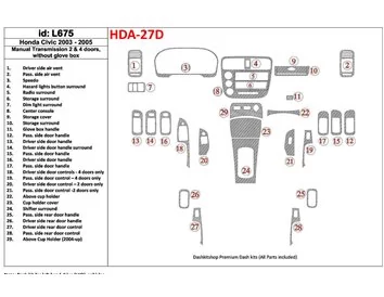 Car accessories Honda Civic 2003-2005 Manual Gear Box, 2 or 4 Doors, Withouth glowe-box Interior BD Dash Trim Kit