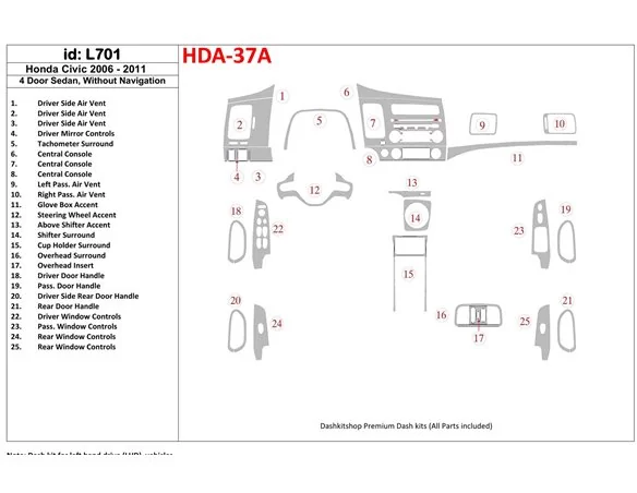 Car accessories Honda Civic 2006-2011 4 Doors, Without NAVI system Interior BD Dash Trim Kit