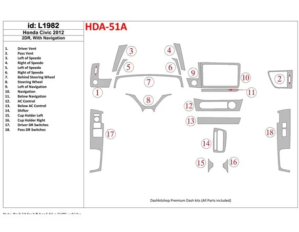 Honda Civic 2012-UP met NAVI Interieur BD Dash Trim Kit - 1
