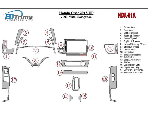 Honda Civic 2012-UP met NAVI Interieur BD Dash Trim Kit