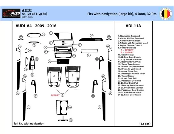 Car accessories Audi A4 B8 Typ 8K 2007-2015 3D Interior Dashboard Trim Kit Dash Trim Dekor 32-Parts