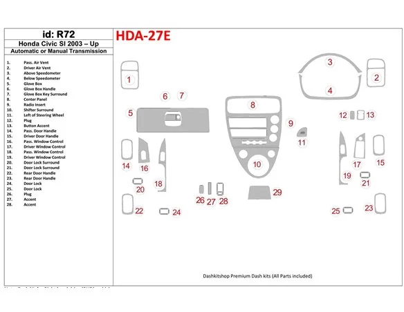 Kit de garniture de tableau de bord BD pour Honda Civic SI 2002-UP Modèle SI
