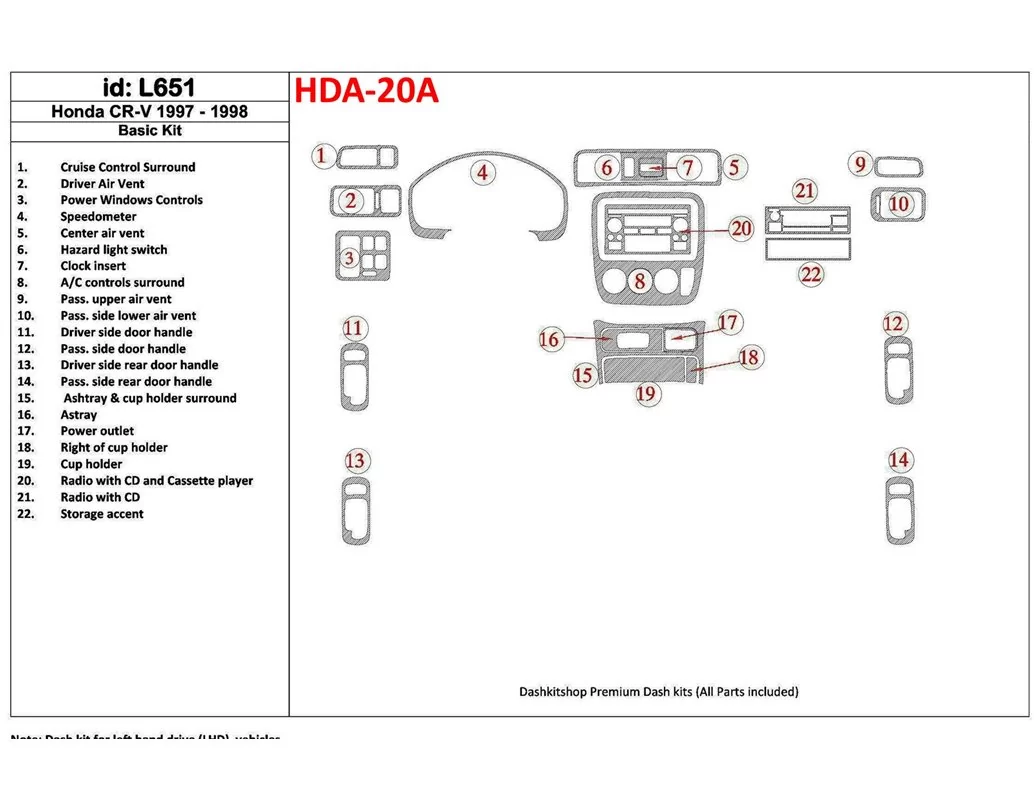 Car accessories Honda CR-V 1997-1998 Basic Set, 22 Pieces, Interior BD Dash Trim Kit