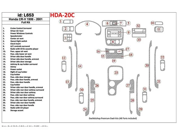 Car accessories Honda CR-V 1999-2001 Full Set, 33 Parts set Interior BD Dash Trim Kit