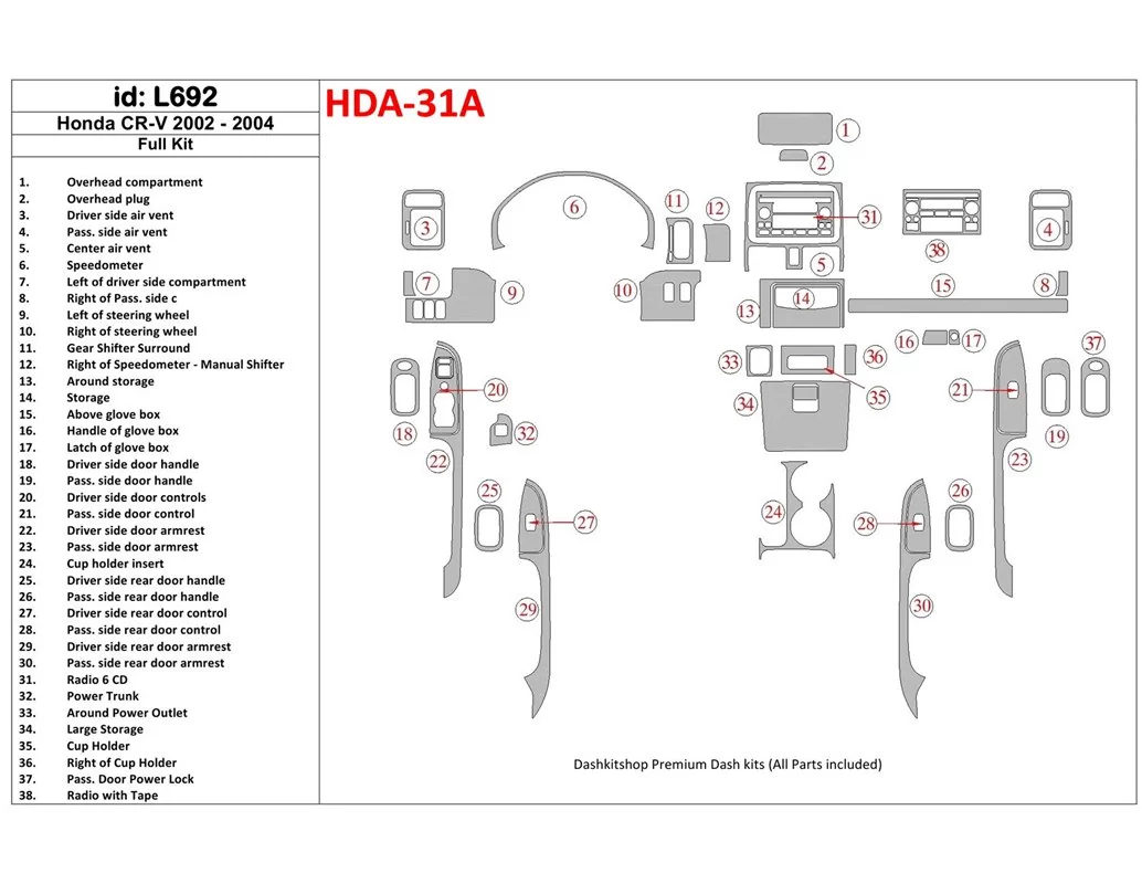 Honda CR-V 2002-2004 Ensemble complet, ensemble de 30 pièces Kit de garniture de tableau de bord intérieur BD - 1
