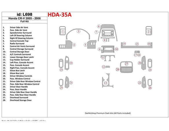 Honda CR-V 2005-2006 Ensemble complet de garnitures de tableau de bord intérieur BD - 1