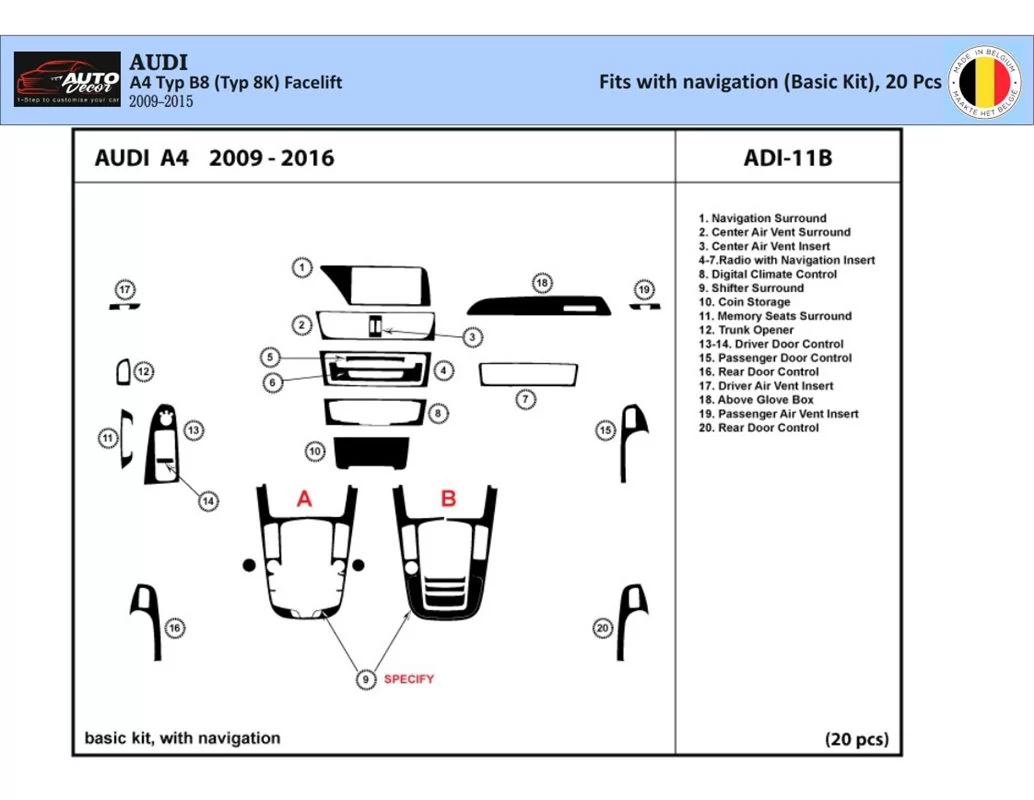 Car accessories Audi A4 B8 Typ 8K 2009-2015 3D Interior Dashboard Trim Kit Dash Trim Dekor 20-Parts