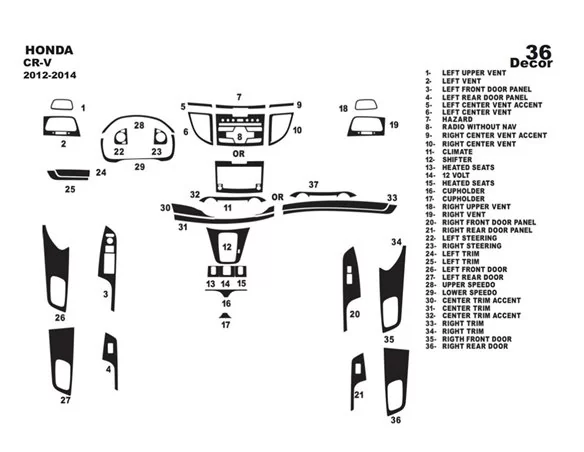 Honda CR-V Mk4 2012-2014 Kit de garniture de tableau de bord intérieur 3D Dash Trim Dekor 36-Parts