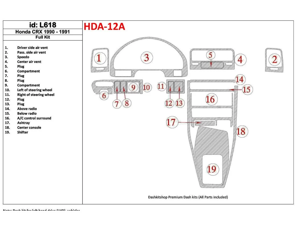 Honda CRX 1990-1991 Volledige set, 19-delige set Interieur BD Dash Trim Kit - 1