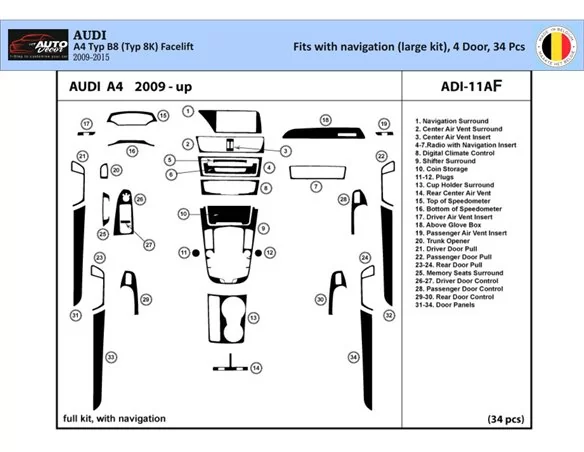 Audi A4 B8 Typ 8K 2009-2015 3D Interior Dashboard Trim Kit Dash Trim Dekor 34-Parts