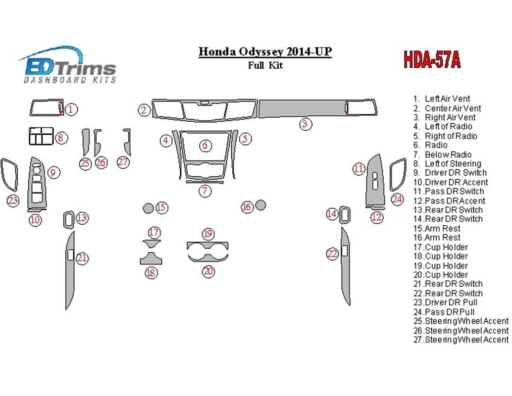 Honda Odyssey 2014-UP Kit complet de garnitures de tableau de bord intérieur BD - 1
