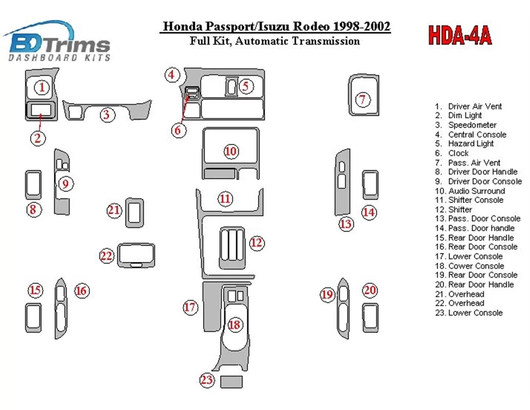 Car accessories Honda Pasport 1998-2002 Full Set Interior BD Dash Trim Kit