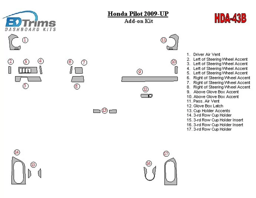 Car accessories Honda Pilot 2009-UP additional kit Interior BD Dash Trim Kit