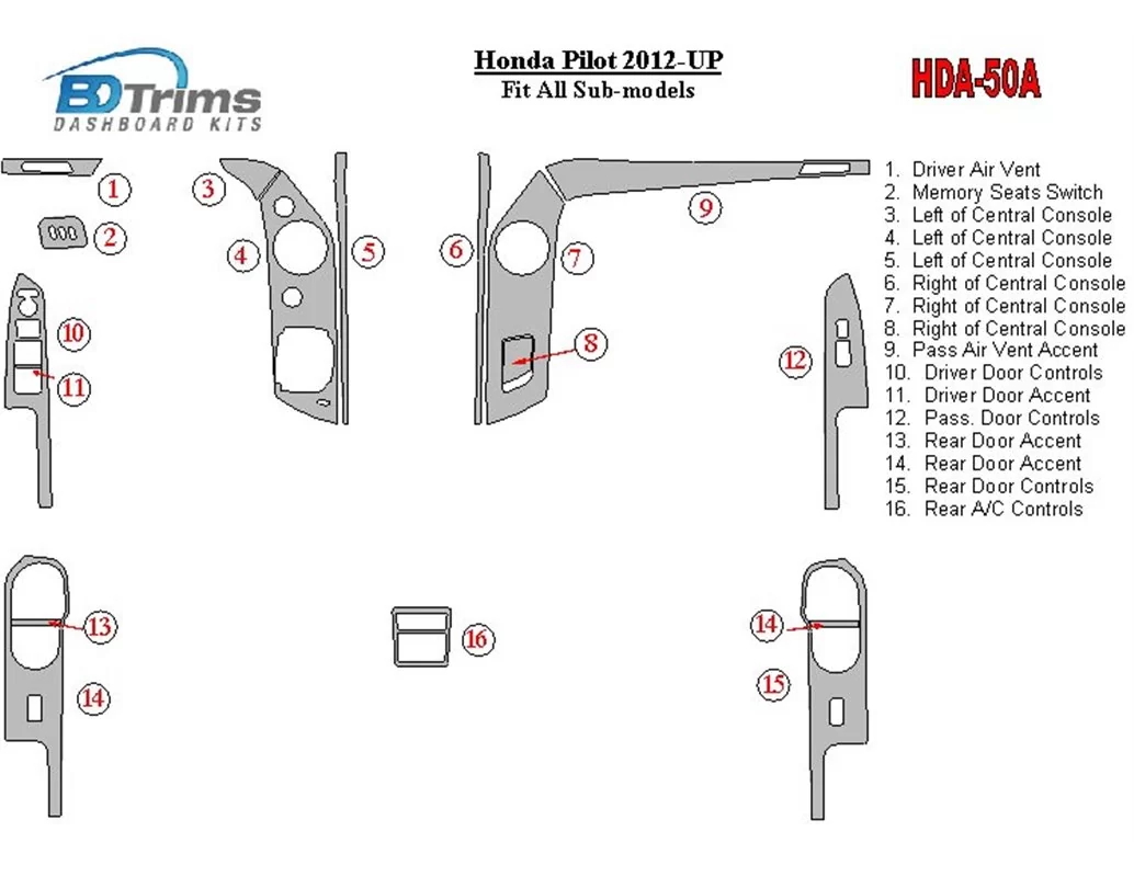 Honda Pilot 2012-UP Interieur BD Dash Trim Kit - 1