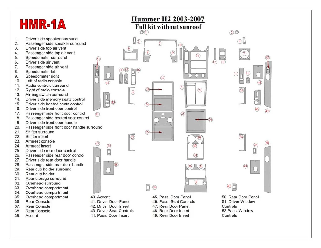 Hummer H2 2003-2007 Ensemble Complet, Sans Toit Ouvrant Intérieur BD Dash Trim Kit - 1
