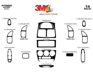Hyundai Accent 01.01-12.05 3D Interior Dashboard Trim Kit Dash Trim Dekor 14-Parts