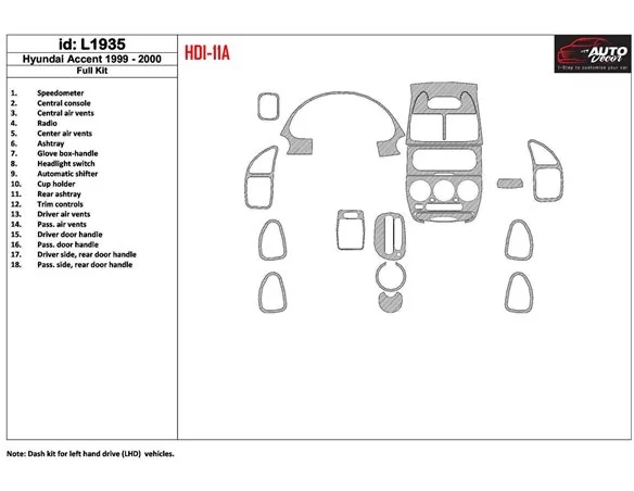 Car accessories Hyundai Accent 2000-2000 Full Set, 18 Parts set Interior BD Dash Trim Kit