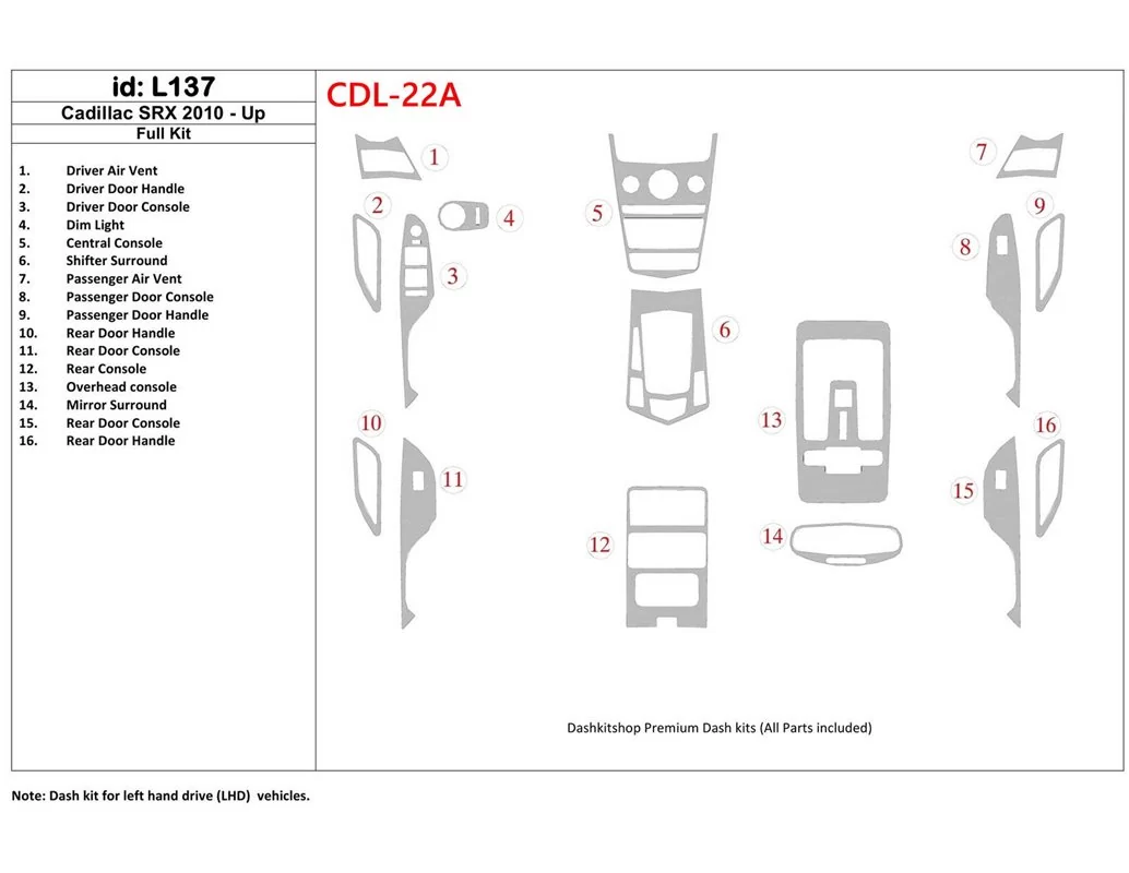 Cadillac SRX 2010-UP Kit de garniture de tableau de bord intérieur BD complet - 1