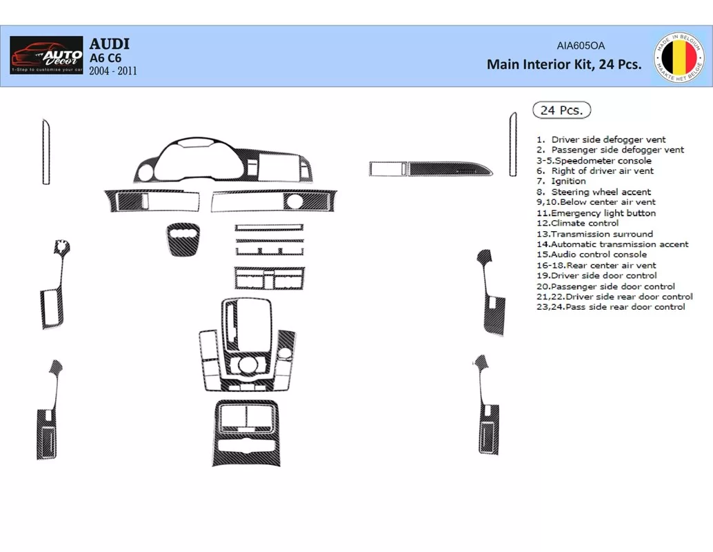 Car accessories Audi A6 2005-2011 3D Interior Dashboard Trim Kit Dash Trim Dekor 25-Parts