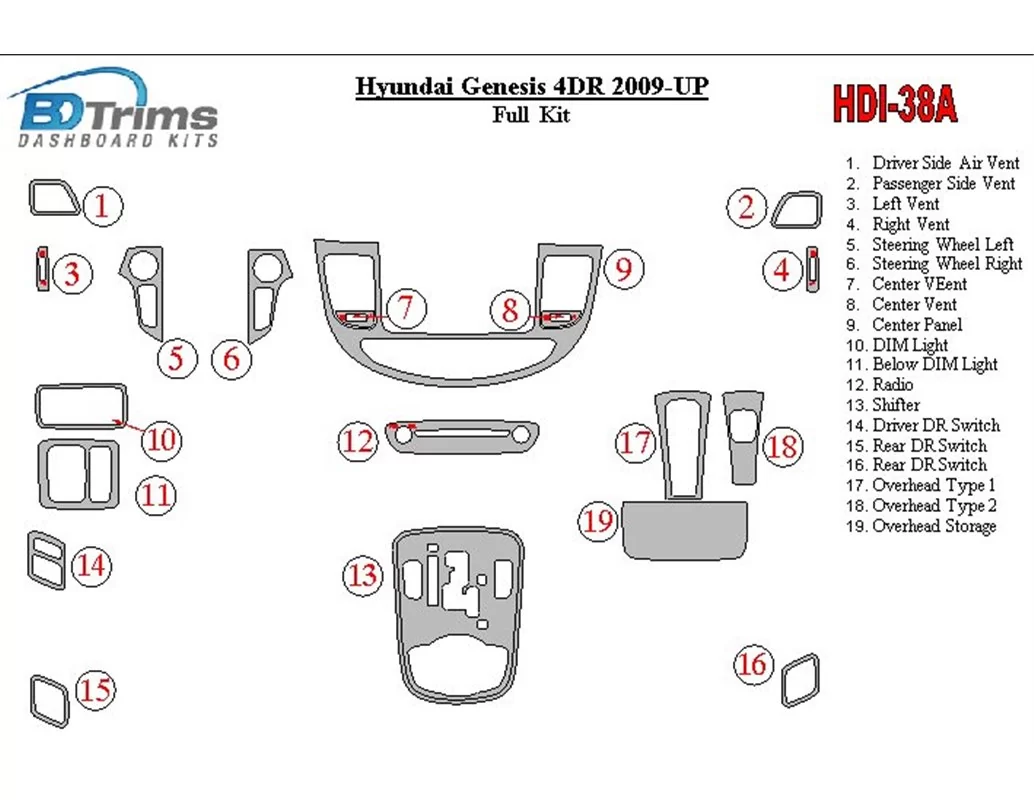 Hyundai Genesis 4DR 2009-UP Interieur BD Dash Trim Kit - 1