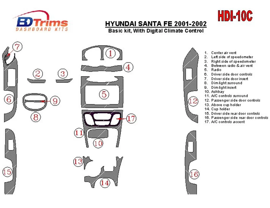 Hyundai Santa Fe 2001-2002 Basic Set, With Automatic Climate Control, 17 Parts set Interior BD Dash Trim Kit - 1
